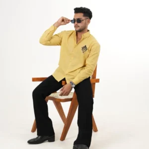 Premium Yellow Linen Shirt with "Royal Crest" Embroidery